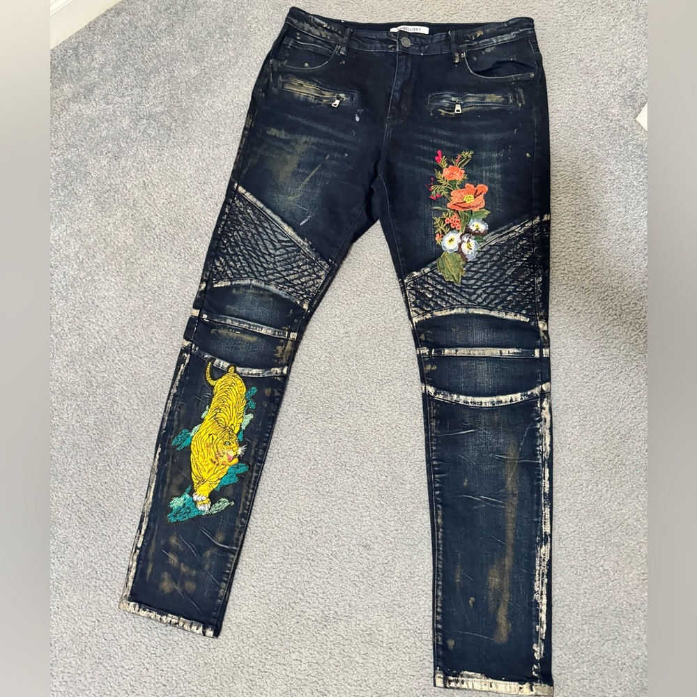Embellish Castellano Quilted Biker Denim Jeans Pants Flowers Panther size 38